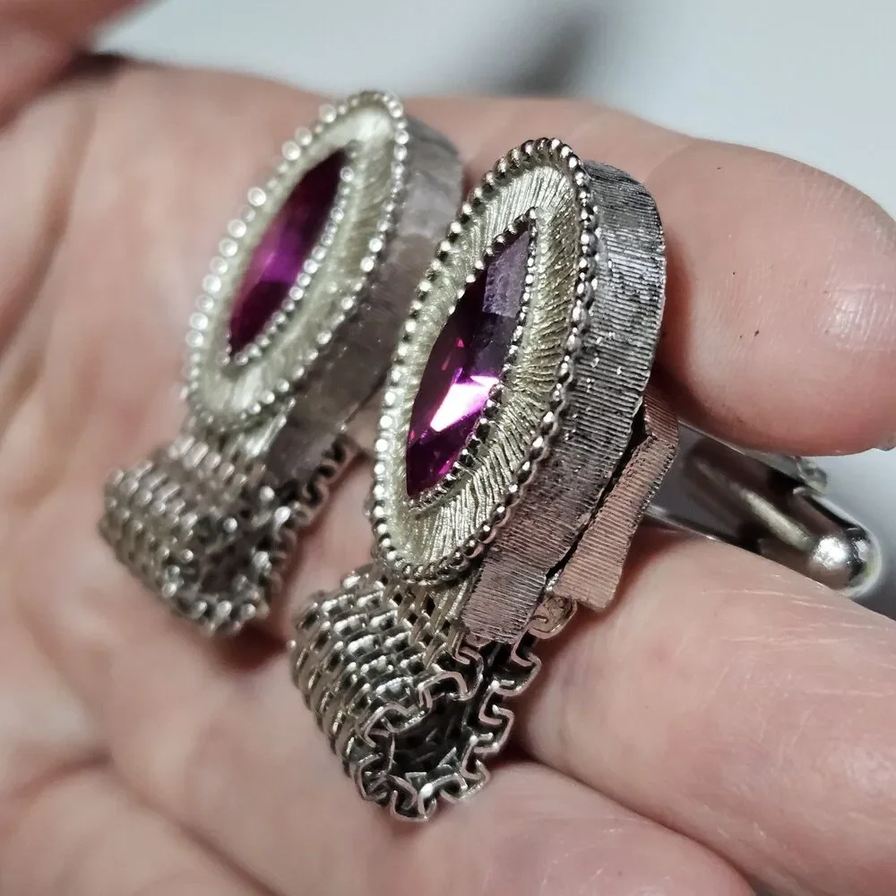 Vintage Swank Pink Marquise Rhinestone Silver Tone Mesh Wrap Around Cuff Links